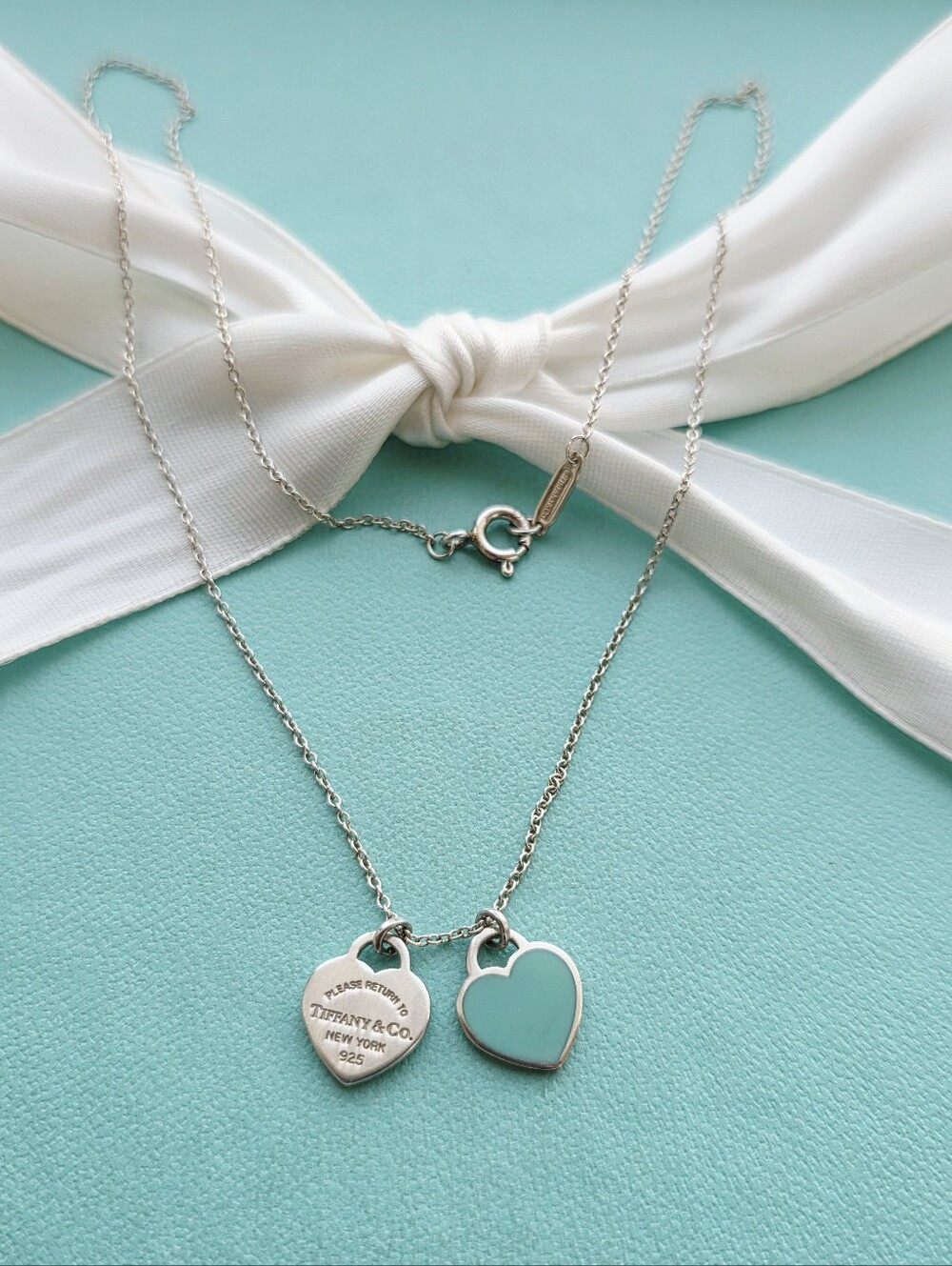 T&Co. Blue Enamel Mini Double Heart Pendant Necklace